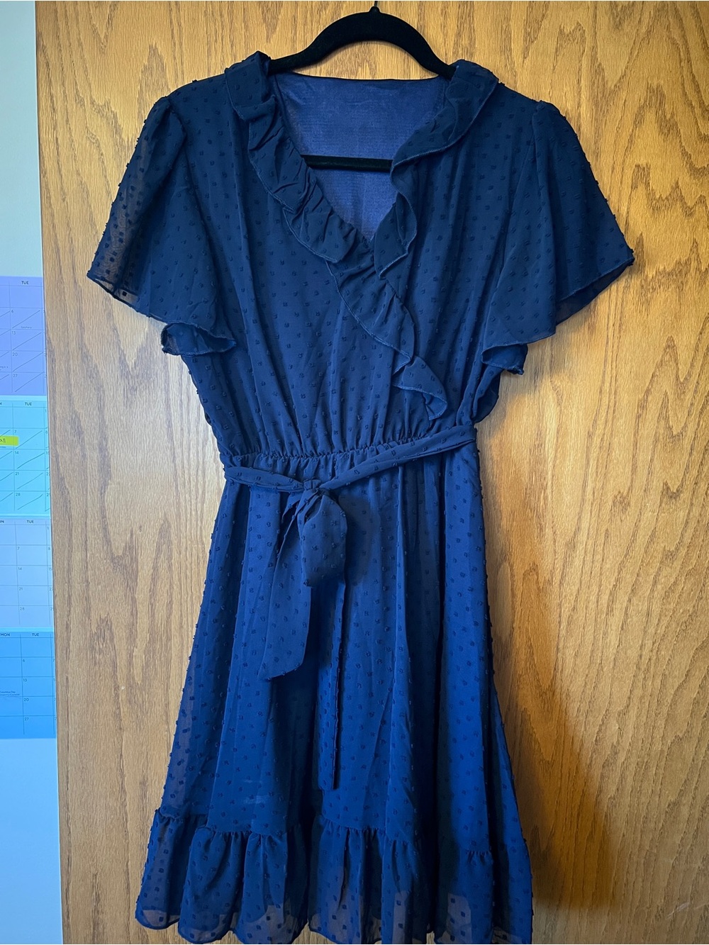 Navy Ruffle Wrap Dress with Belt